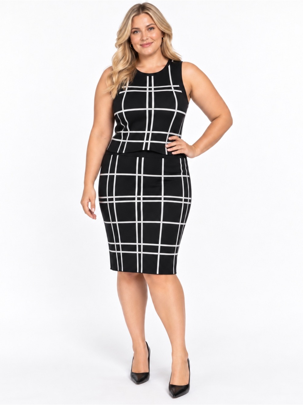 DKNY Black White Windowpane Plaid Two Piece Tank Top and Skirt Set NWOT